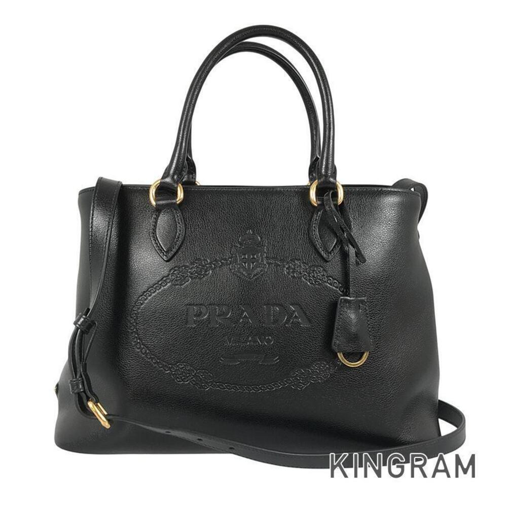 Prada black calfskin leather shoulder bag debossed logo goldtone hardware